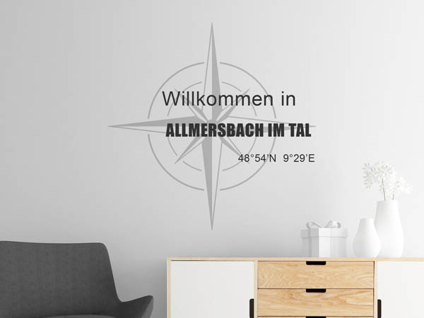 Wandtattoo Willkommen in Allmersbach im Tal mit den Koordinaten 48°54'N 9°29'E