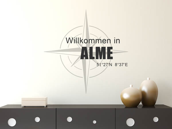 Wandtattoo Willkommen in Alme mit den Koordinaten 51°27'N 8°37'E