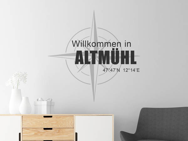 Wandtattoo Willkommen in Altmühl mit den Koordinaten 47°47'N 12°14'E
