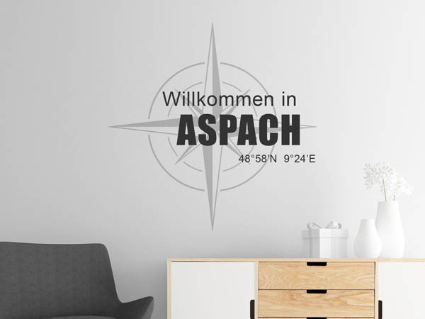 Wandtattoo Willkommen in Aspach mit den Koordinaten 48°58'N 9°24'E