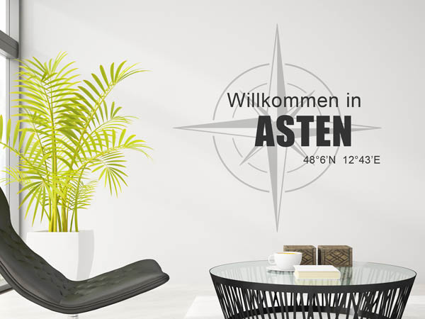 Wandtattoo Willkommen in Asten mit den Koordinaten 48°6'N 12°43'E