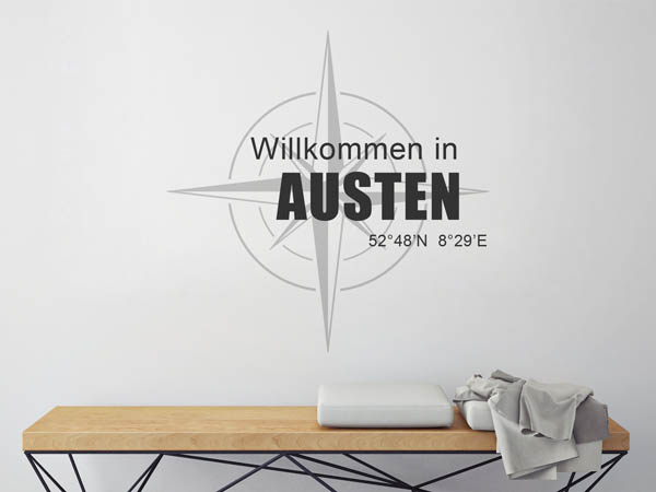 Wandtattoo Willkommen in Austen mit den Koordinaten 52°48'N 8°29'E