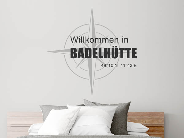Wandtattoo Willkommen in Badelhütte mit den Koordinaten 49°10'N 11°43'E