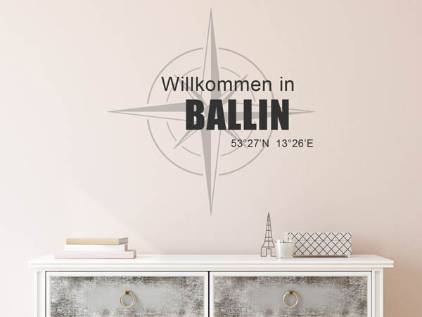 Wandtattoo Willkommen in Ballin mit den Koordinaten 53°27'N 13°26'E