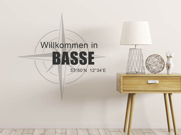 Wandtattoo Willkommen in Basse mit den Koordinaten 53°60'N 12°34'E