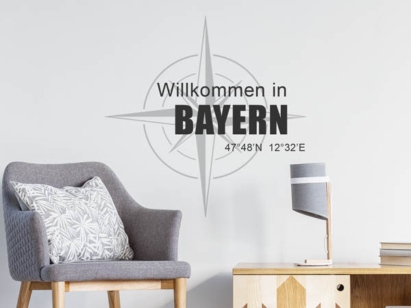 Wandtattoo Willkommen in Bayern mit den Koordinaten 47°48'N 12°32'E