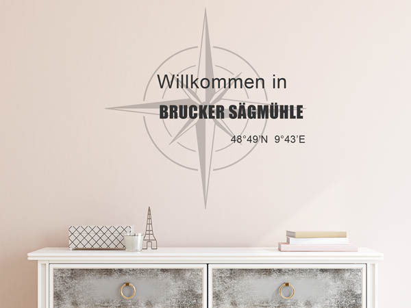 Wandtattoo Willkommen in Brucker Sägmühle mit den Koordinaten 48°49'N 9°43'E