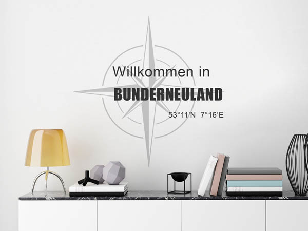 Wandtattoo Willkommen in Bunderneuland mit den Koordinaten 53°11'N 7°16'E