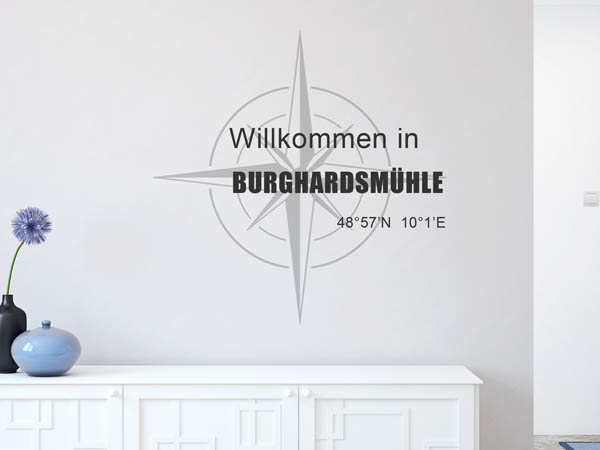 Wandtattoo Willkommen in Burghardsmühle mit den Koordinaten 48°57'N 10°1'E