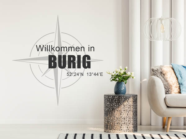 Wandtattoo Willkommen in Burig mit den Koordinaten 52°24'N 13°44'E