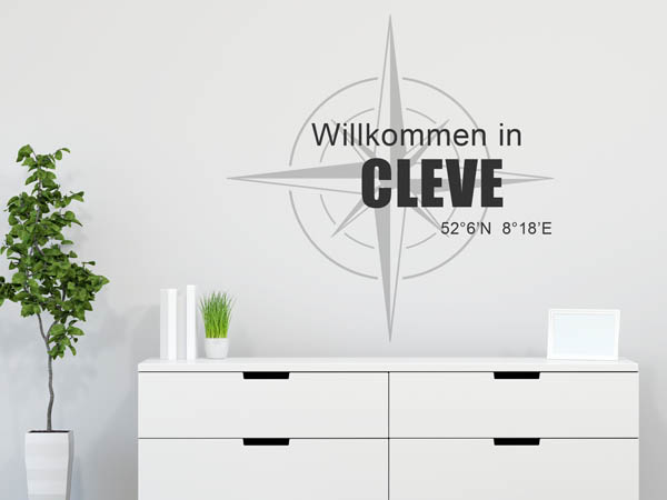 Wandtattoo Willkommen in Cleve mit den Koordinaten 52°6'N 8°18'E