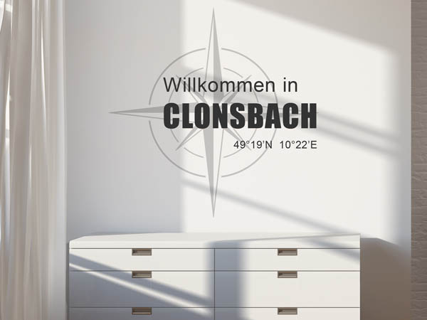 Wandtattoo Willkommen in Clonsbach mit den Koordinaten 49°19'N 10°22'E