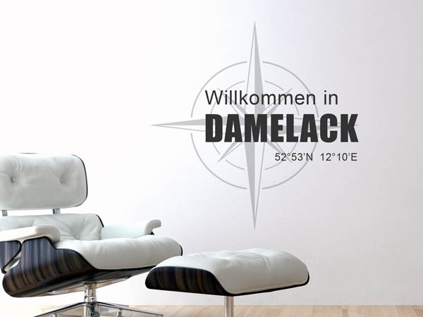 Wandtattoo Willkommen in Damelack mit den Koordinaten 52°53'N 12°10'E