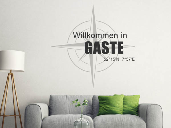 Wandtattoo Willkommen in Gaste mit den Koordinaten 52°15'N 7°57'E