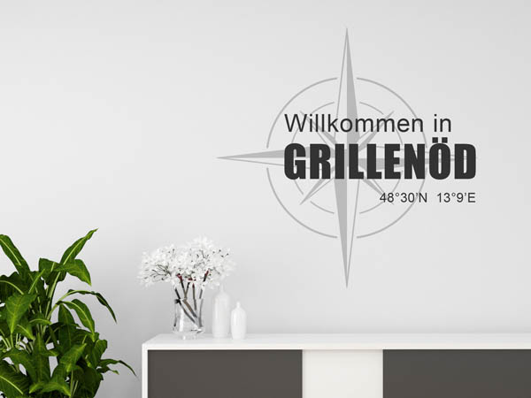 Wandtattoo Willkommen in Grillenöd mit den Koordinaten 48°30'N 13°9'E