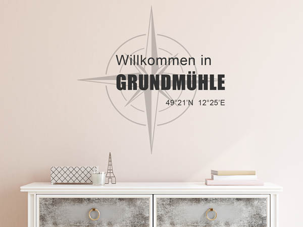 Wandtattoo Willkommen in Grundmühle mit den Koordinaten 49°21'N 12°25'E