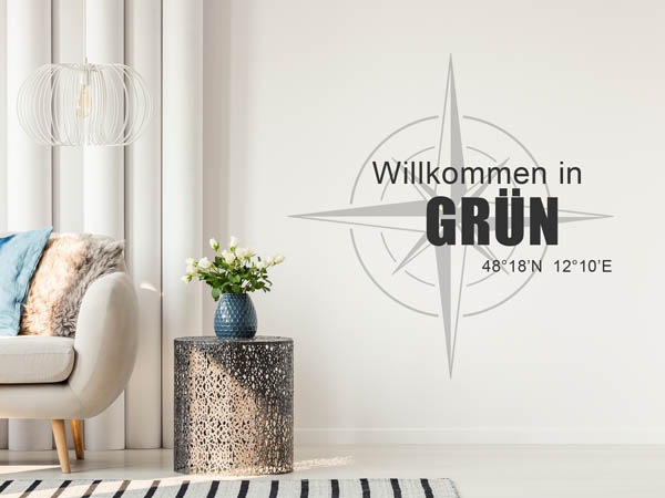 Wandtattoo Willkommen in Grün mit den Koordinaten 48°18'N 12°10'E