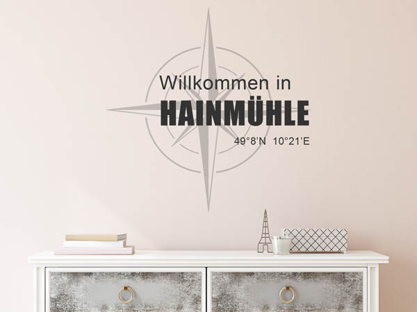 Wandtattoo Willkommen in Hainmühle mit den Koordinaten 49°8'N 10°21'E