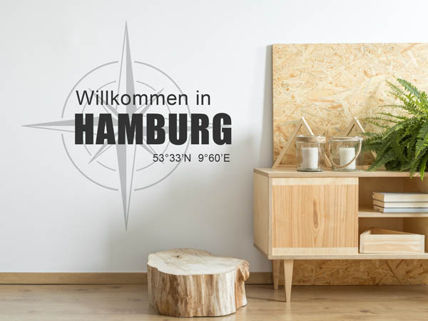Wandtattoo Willkommen in Hamburg mit den Koordinaten 53°33'N 9°60'E