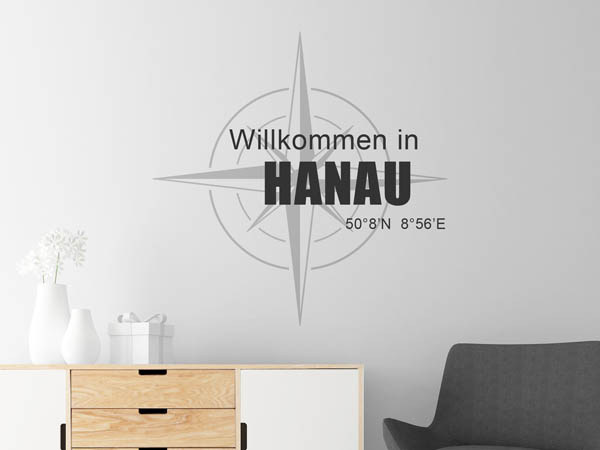 Wandtattoo Willkommen in Hanau mit den Koordinaten 50°8'N 8°56'E