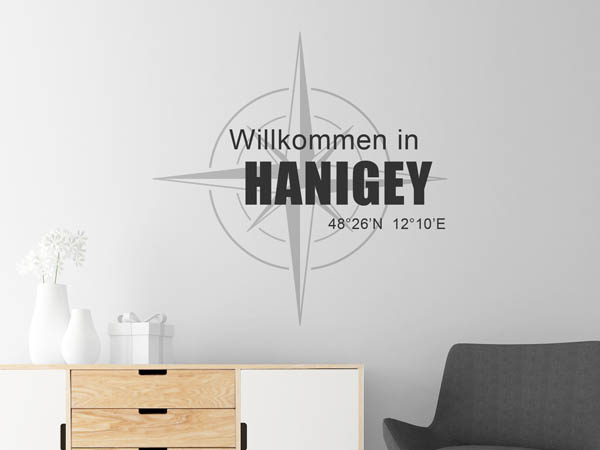 Wandtattoo Willkommen in Hanigey mit den Koordinaten 48°26'N 12°10'E