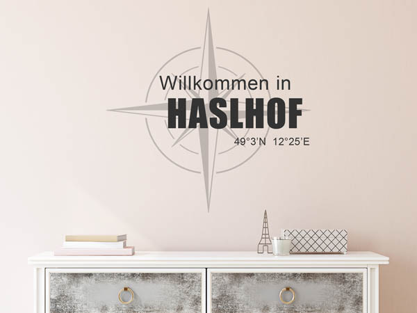 Wandtattoo Willkommen in Haslhof mit den Koordinaten 49°3'N 12°25'E