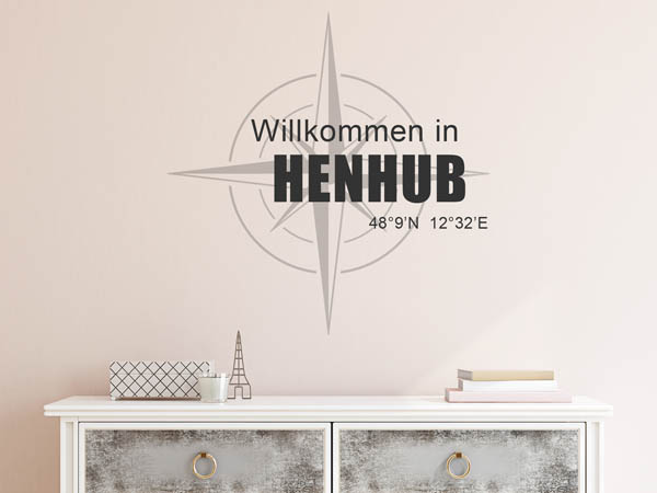 Wandtattoo Willkommen in Henhub mit den Koordinaten 48°9'N 12°32'E
