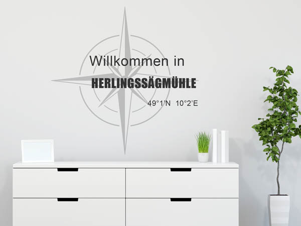 Wandtattoo Willkommen in Herlingssägmühle mit den Koordinaten 49°1'N 10°2'E