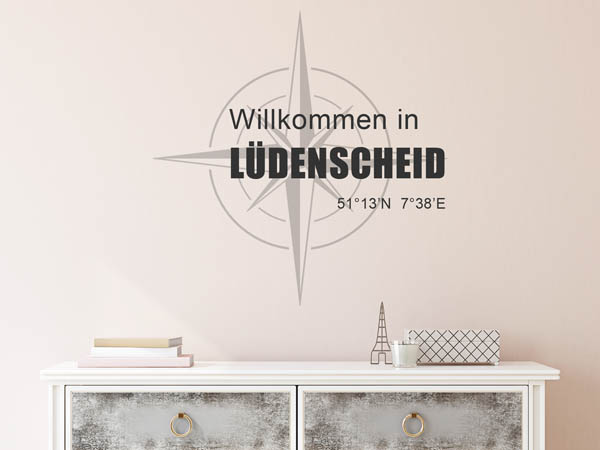 Wandtattoo Willkommen in Lüdenscheid mit den Koordinaten 51°13'N 7°38'E