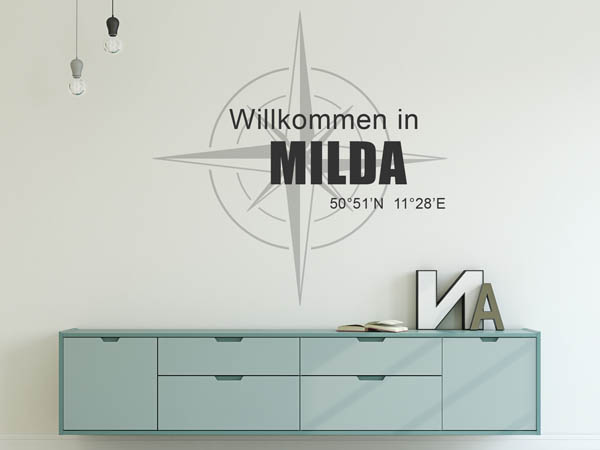 Wandtattoo Willkommen in Milda mit den Koordinaten 50°51'N 11°28'E