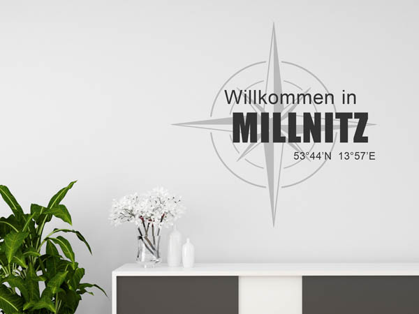 Wandtattoo Willkommen in Millnitz mit den Koordinaten 53°44'N 13°57'E