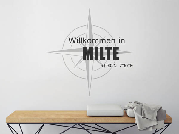 Wandtattoo Willkommen in Milte mit den Koordinaten 51°60'N 7°57'E