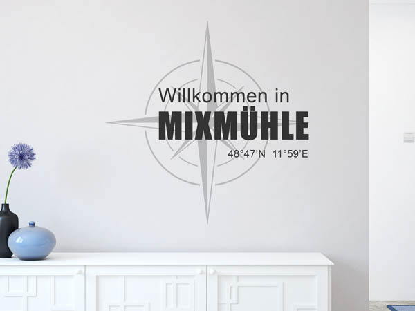 Wandtattoo Willkommen in Mixmühle mit den Koordinaten 48°47'N 11°59'E