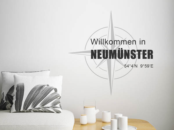 Wandtattoo Willkommen in Neumünster mit den Koordinaten 54°4'N 9°59'E