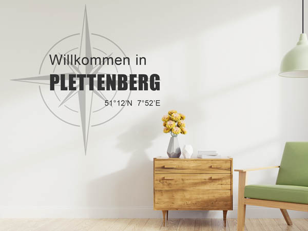 Wandtattoo Willkommen in Plettenberg mit den Koordinaten 51°12'N 7°52'E