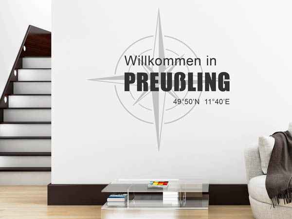 Wandtattoo Willkommen in Preußling mit den Koordinaten 49°50'N 11°40'E