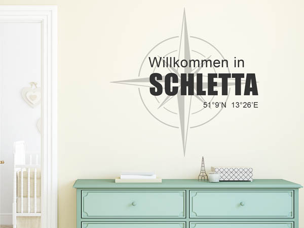 Wandtattoo Willkommen in Schletta mit den Koordinaten 51°9'N 13°26'E