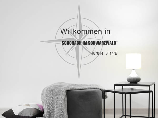 Wandtattoo Willkommen in Schonach im Schwarzwald mit den Koordinaten 48°8'N 8°14'E