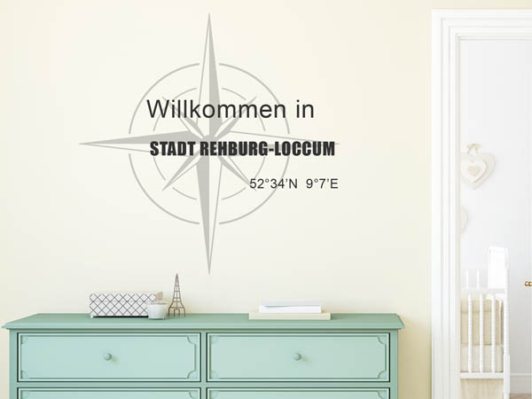 Wandtattoo Willkommen in Stadt Rehburg-Loccum mit den Koordinaten 52°34'N 9°7'E