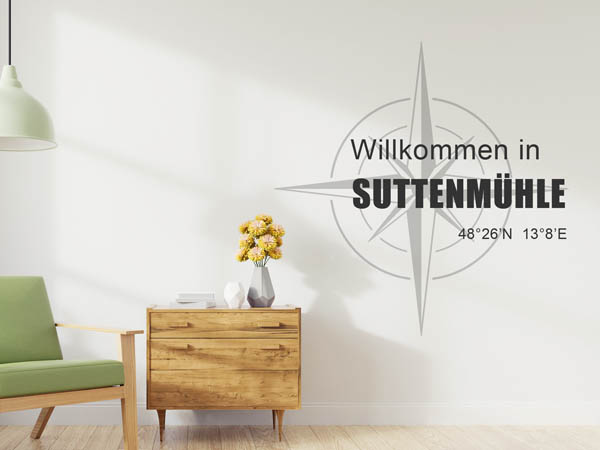 Wandtattoo Willkommen in Suttenmühle mit den Koordinaten 48°26'N 13°8'E