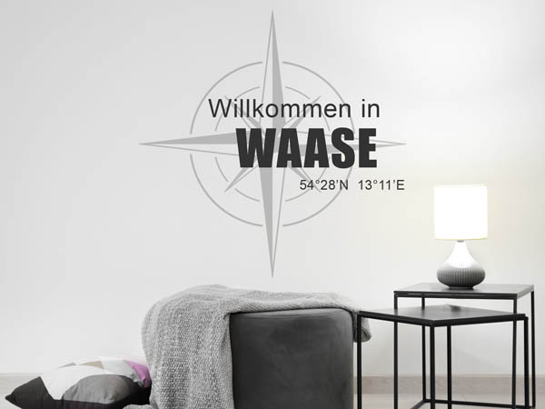 Wandtattoo Willkommen in Waase mit den Koordinaten 54°28'N 13°11'E