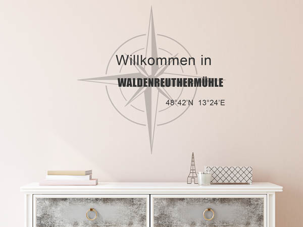 Wandtattoo Willkommen in Waldenreuthermühle mit den Koordinaten 48°42'N 13°24'E