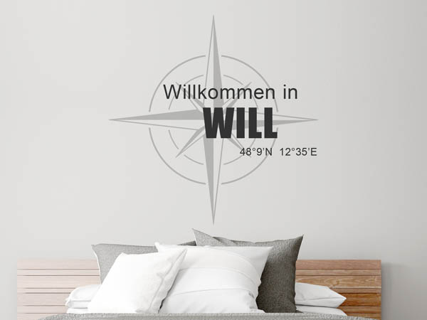 Wandtattoo Willkommen in Will mit den Koordinaten 48°9'N 12°35'E