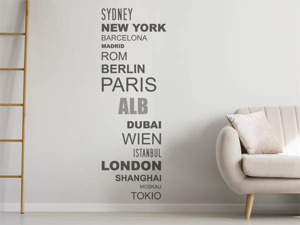 Wandtattoo Alb mit Weltstädten