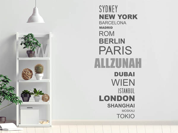Wandtattoo Allzunah mit Weltstädten