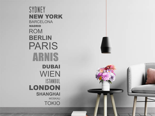 Wandtattoo Arnis mit Weltstädten
