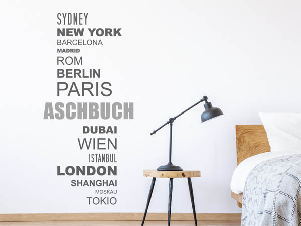 Wandtattoo Aschbuch mit Weltstädten