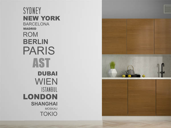 Wandtattoo Ast mit Weltstädten