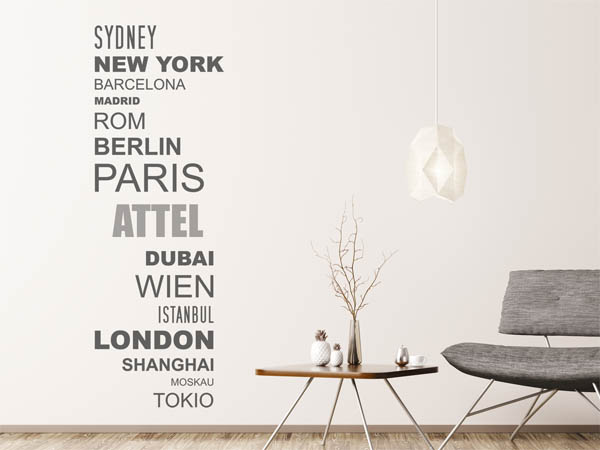 Wandtattoo Attel mit Weltstädten