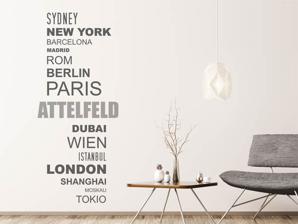 Wandtattoo Attelfeld mit Weltstädten
